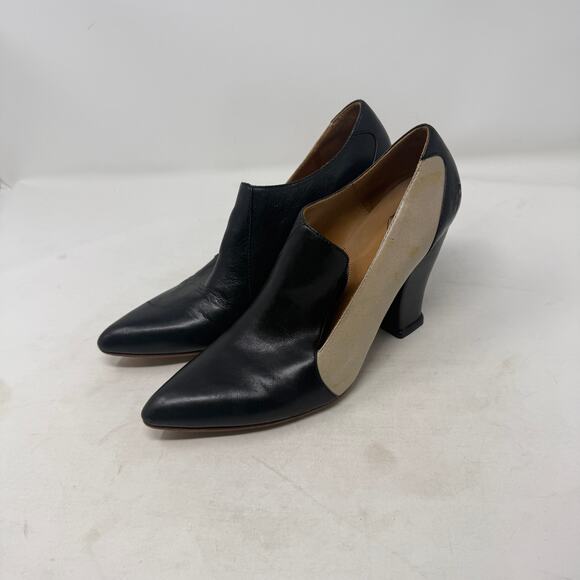 John Fluevog Kendra Pointed Toe Leather Heels Black Beige Leather Size 8 - Picture 2 of 15